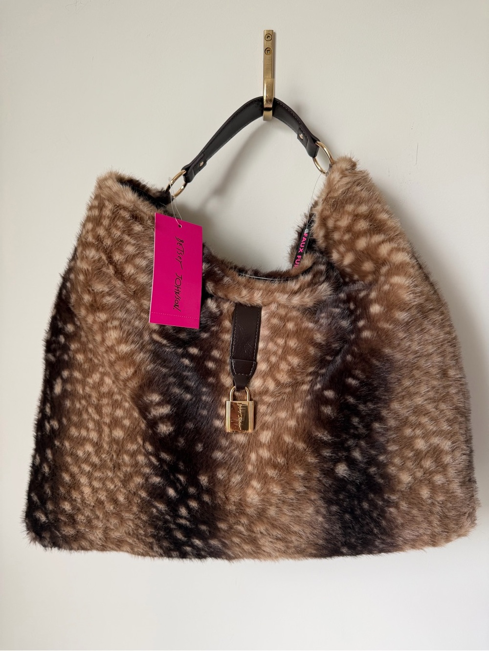 Betsey Johnson Brown fawn Faux Fur Shoulder Bag with Gold buckle Accent